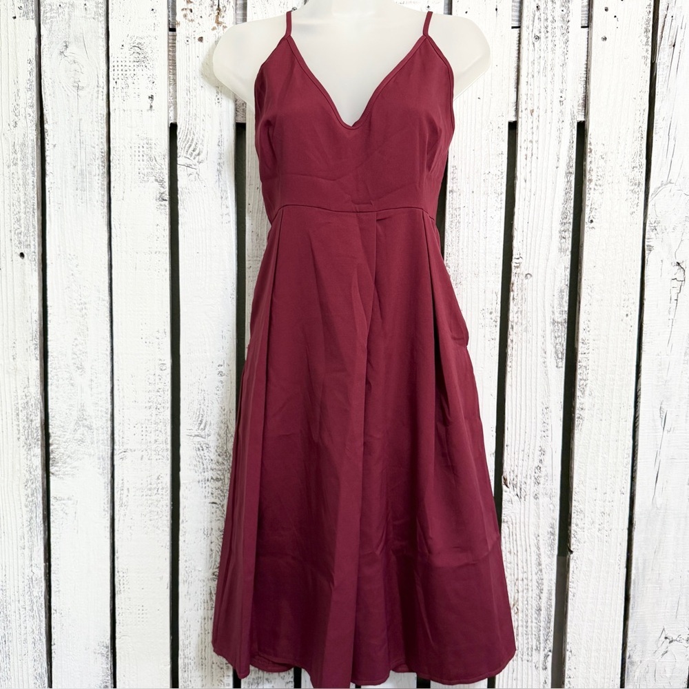 Spaghetti Strap V-Neck Burgundy Dress
